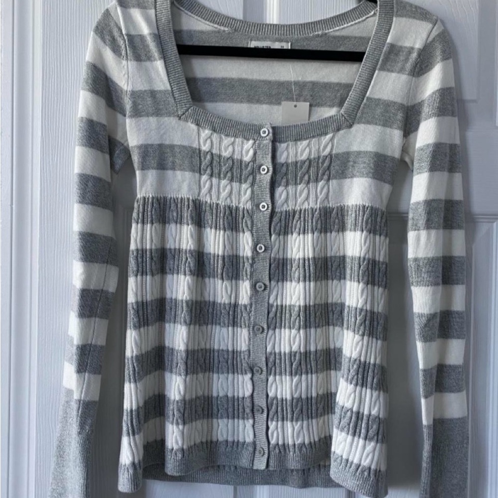 Hollister Gray and White Striped Button-Front Cardigan